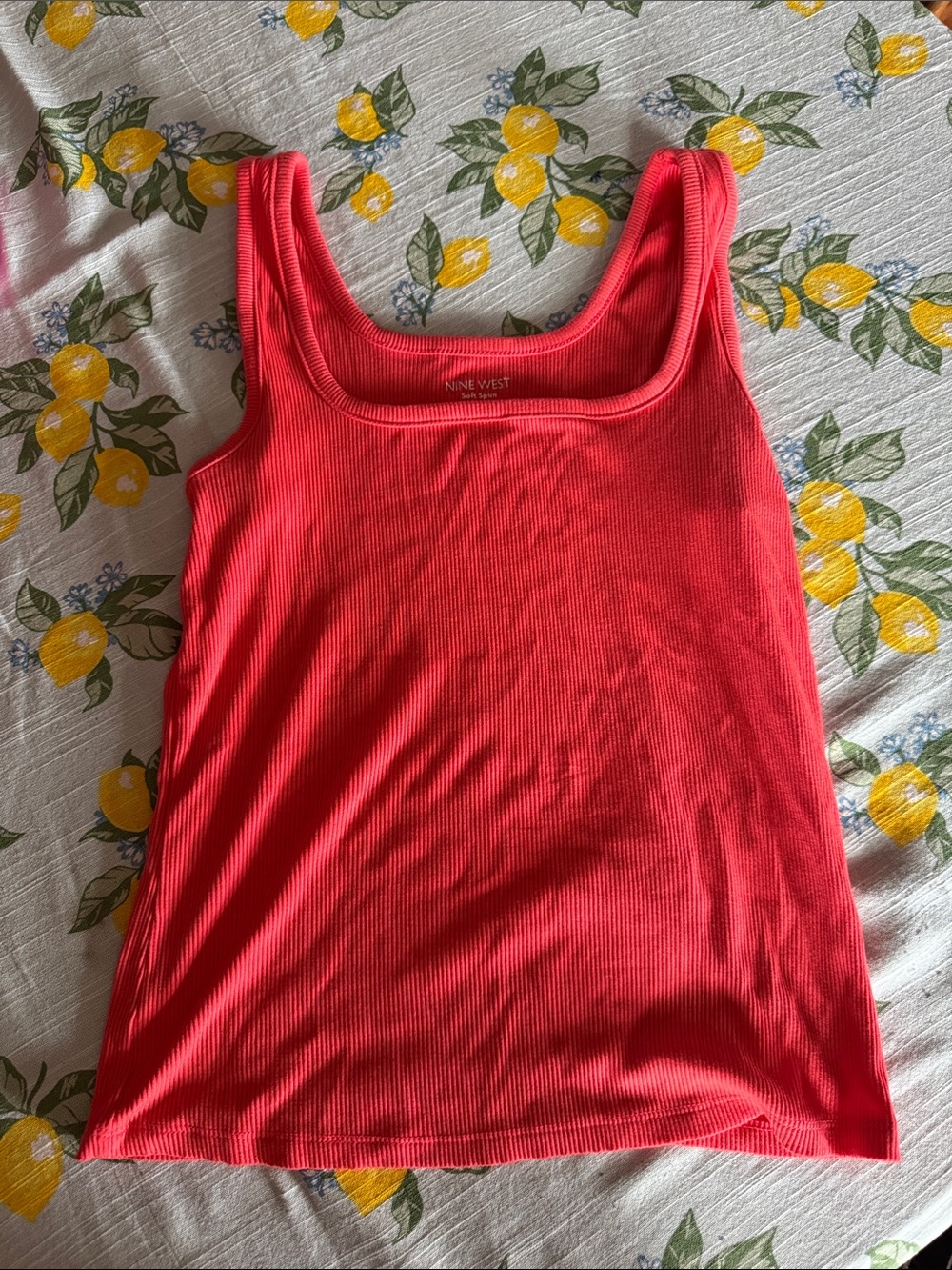 Nine West Bright Coral Ribbed Scoop Neck Tank